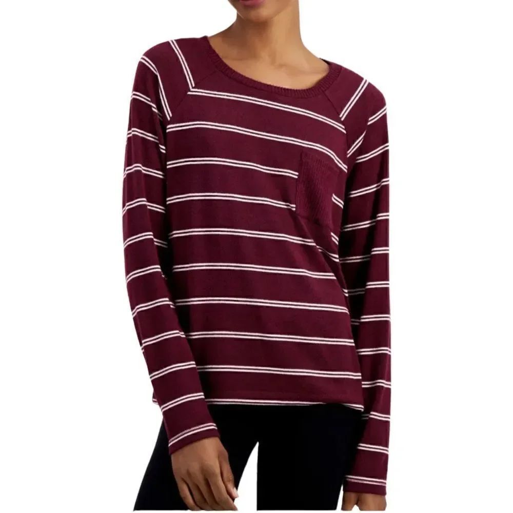 Alfani Ultra Soft Crewneck Pajama Top Hacci Stripe Burgundy Extra Small NWT